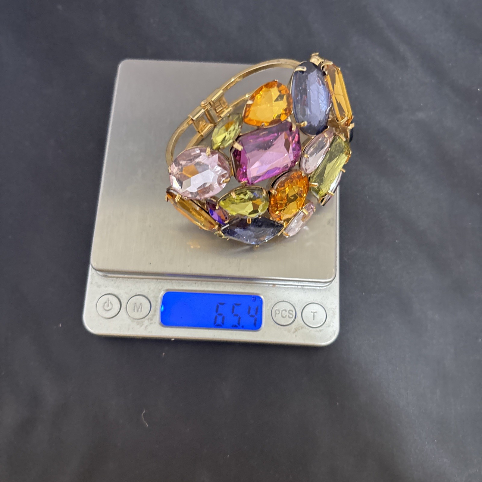 Vintage Gold Tone Plastic Resin Rhinestones Wide Hinged Bracelet Wow