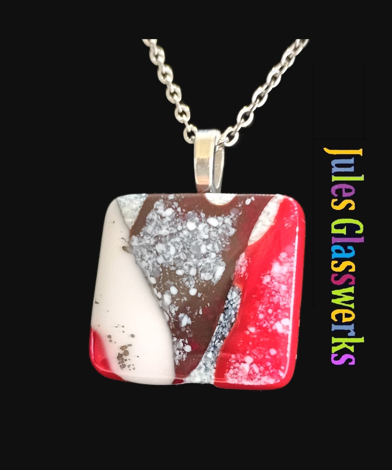 Hand Crafted Fused Glass Pendant Necklace W/ Chain #1747 Black Red