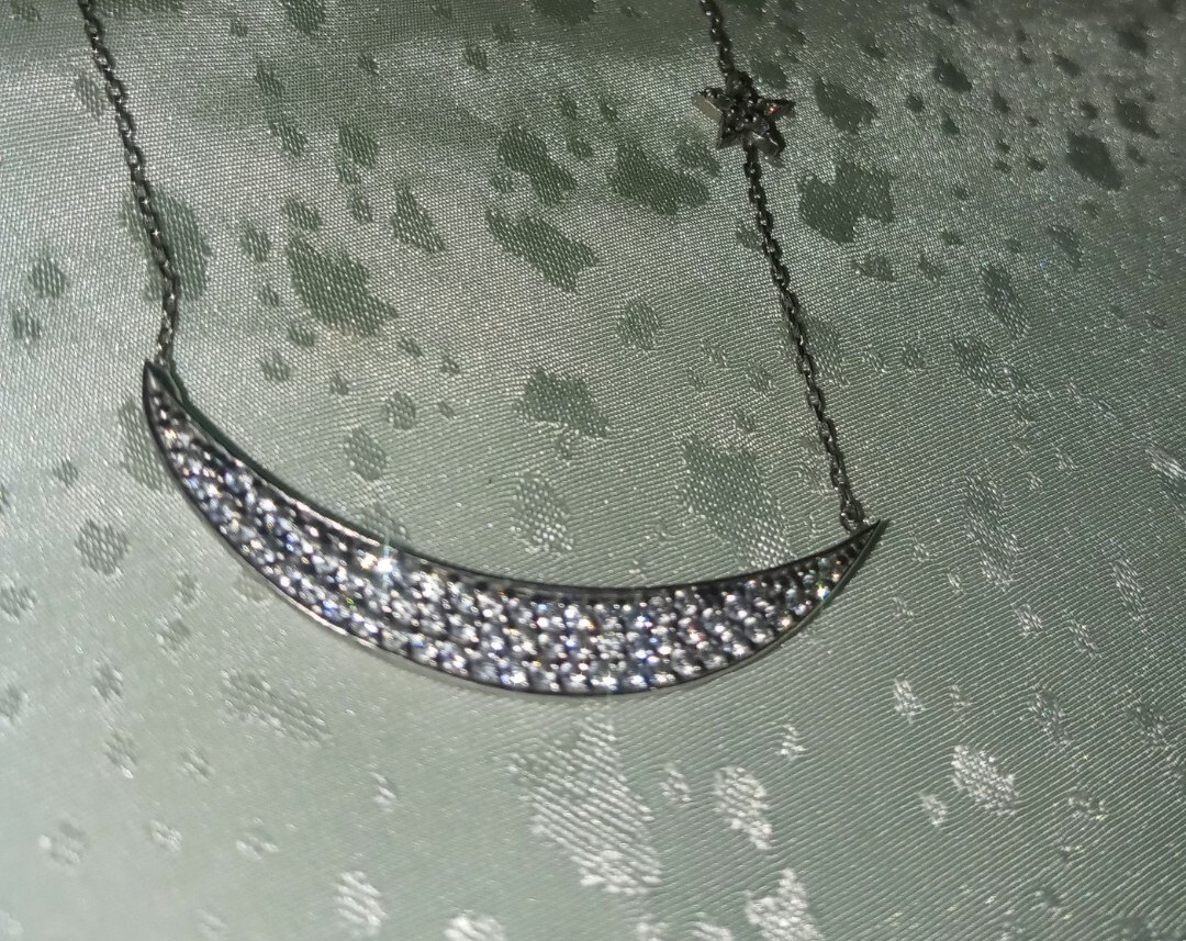 15″ MIDAS (925 Turkey) Sparkling Accented Moon & Floating Star Necklace Signed