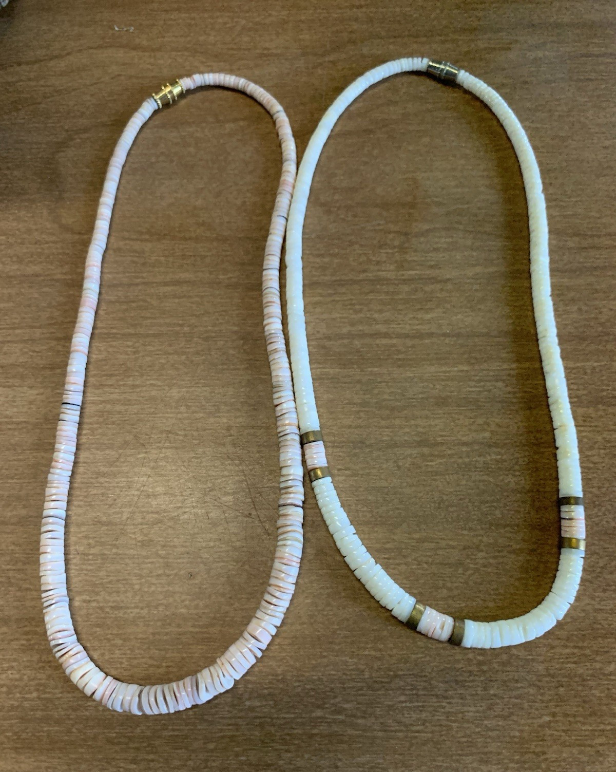 Vintage Lot of 2 Puka Beaded Necklaces White & Light Pink Disc Strand