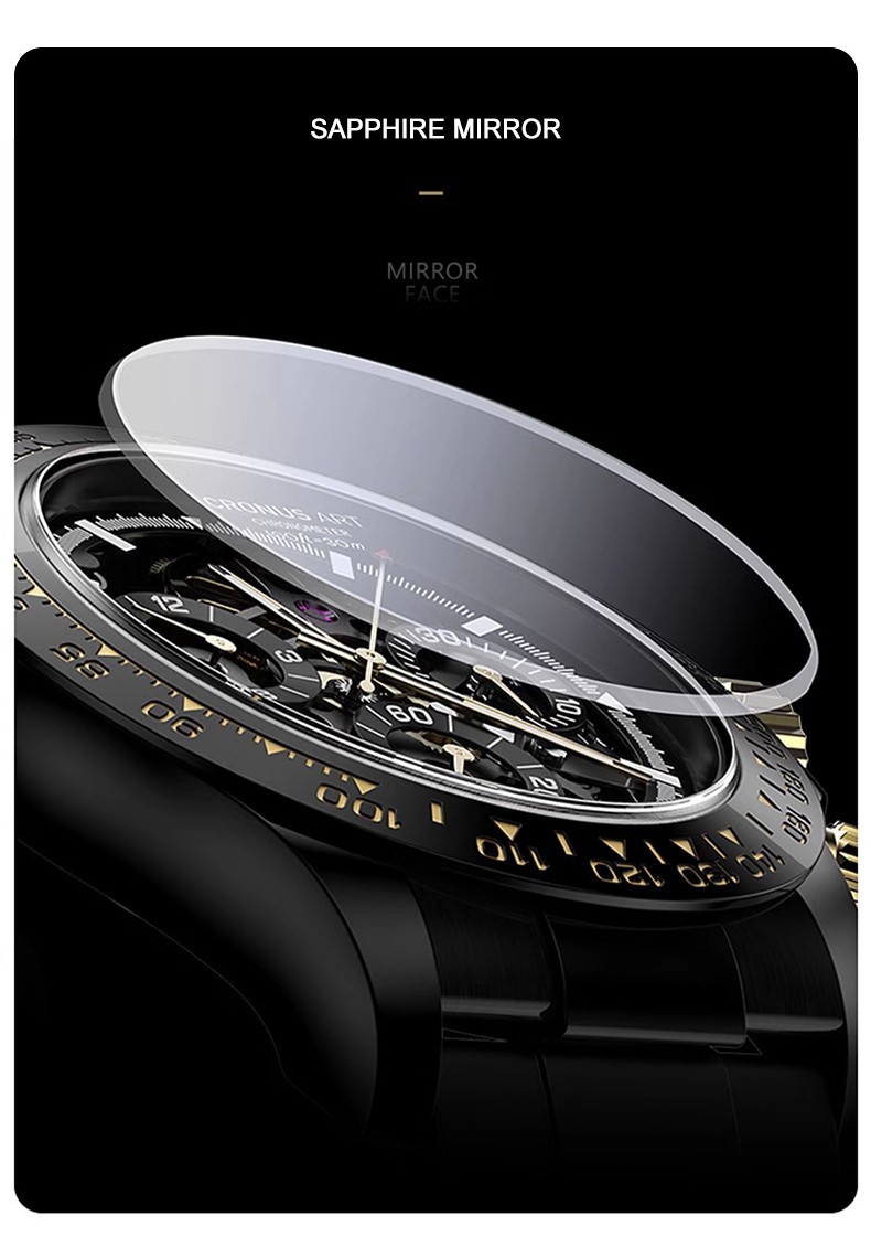 CRONUSART Men Chronograph Watch 42mm Automatic Mechanical Wristwatch Skeleton