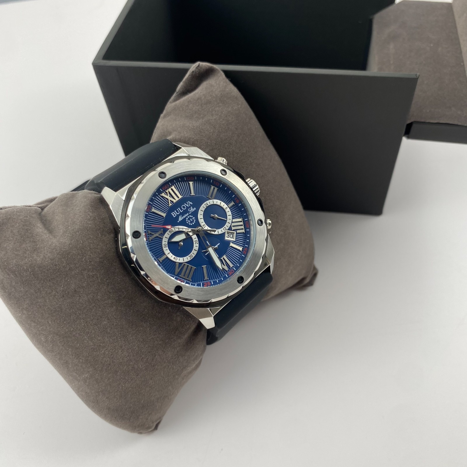 Bulova Marine Star 98B258 Quartz Blue Dial Black Rubber Strap Men’s Watch 44mm