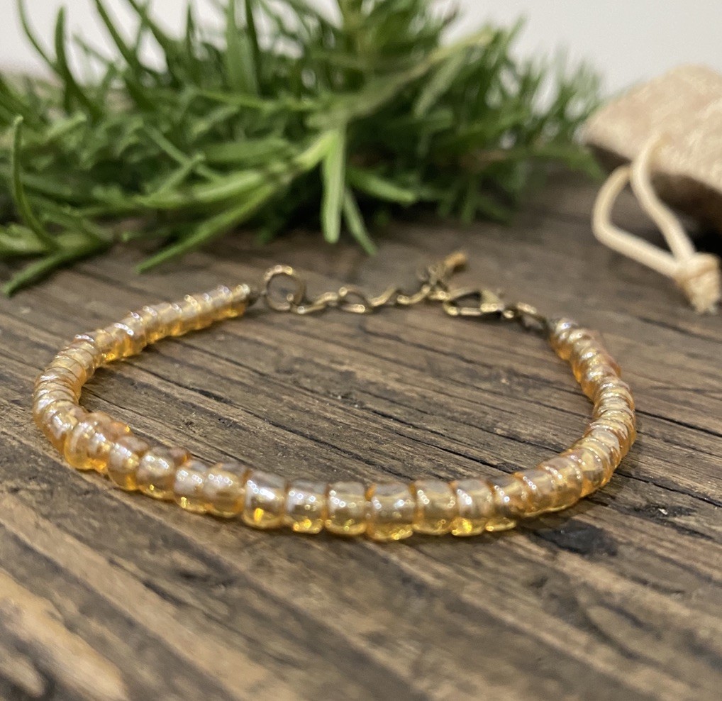 Dainty Glass Bead Bracelet, Gold & Amber Tones on Antique Brass Chain