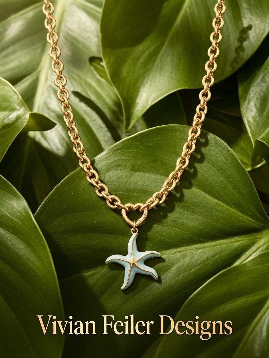 Starfish Necklace Choker Gold Light Blue Enamel Stainless Steel Beach Summer