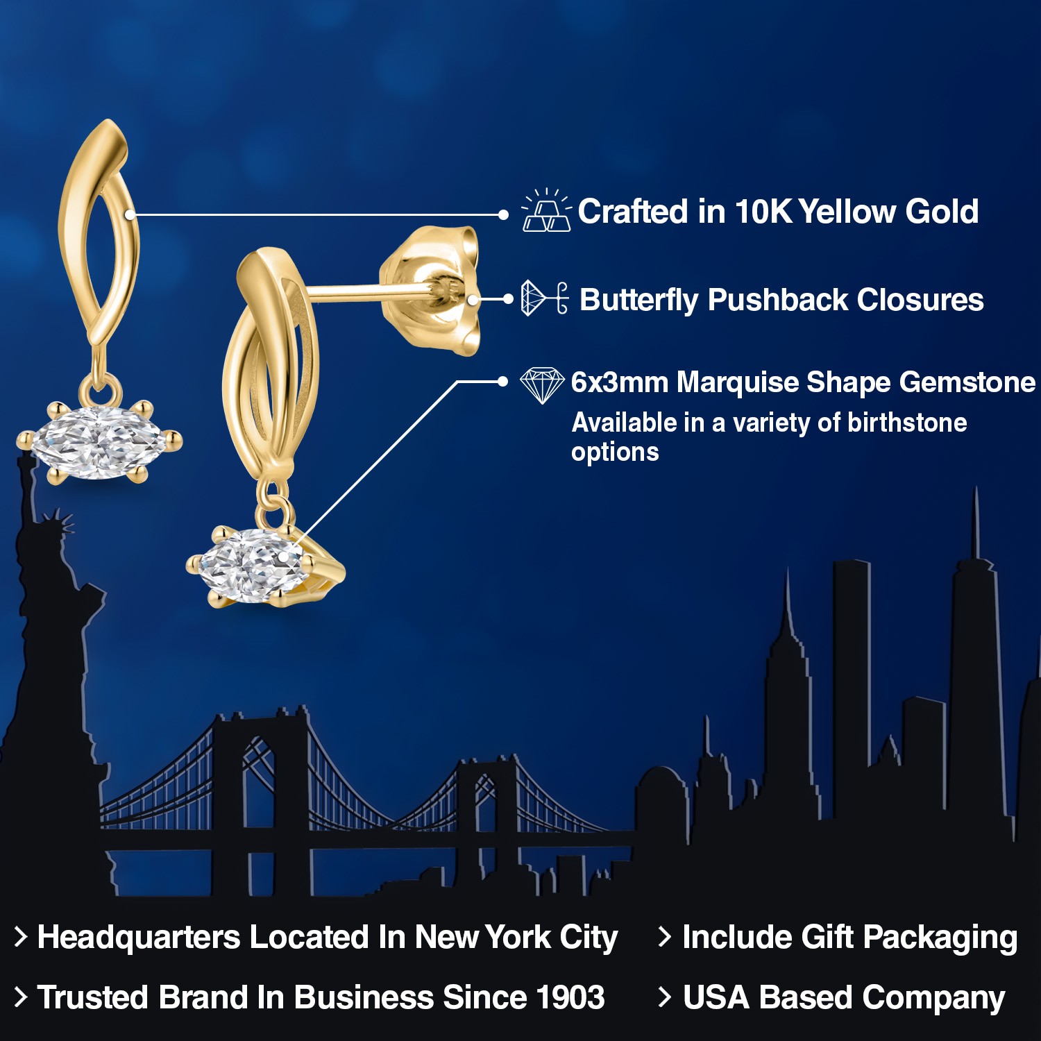 10K Yellow Gold 6X3MM Marquise Cut Gemstone Birthstone Infinity Dangle Earrings