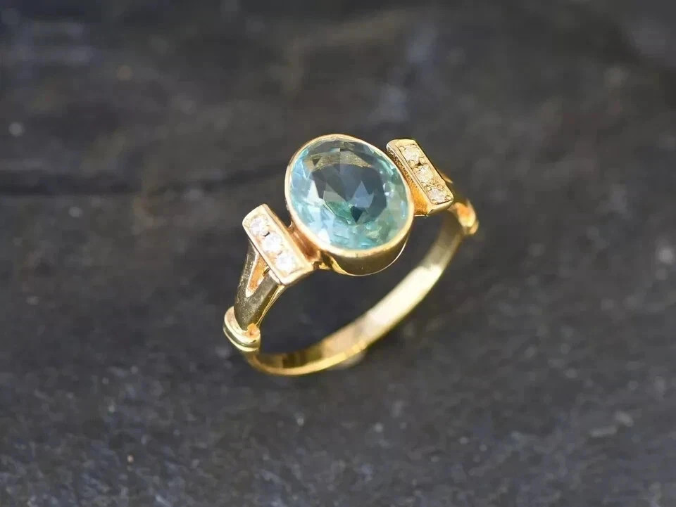 3.17 Ct Oval Cut Aquamarine Ring Diamond Engagement Ring 14K Yellow Gold