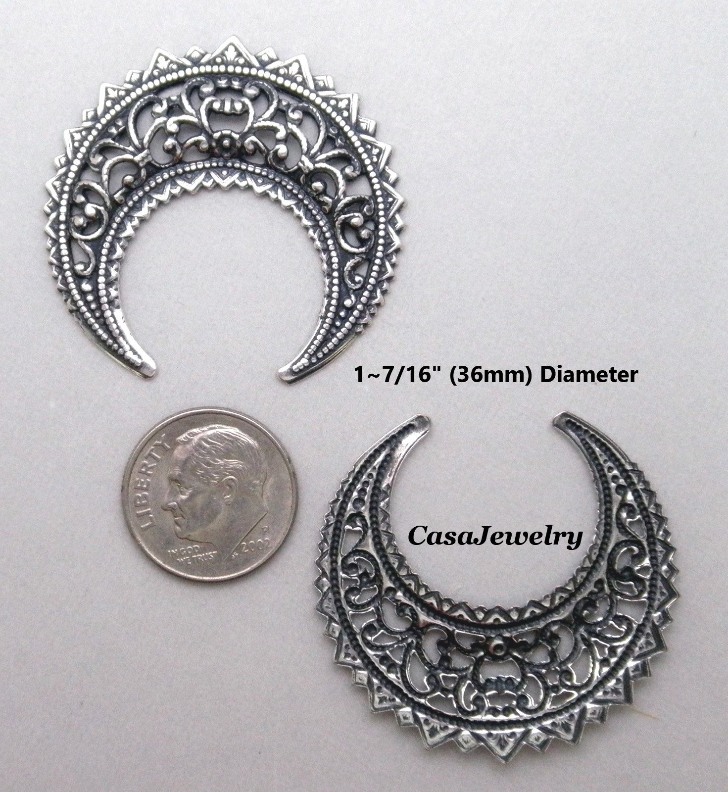 #1320 LARGE ANTIQUED STERLING SILVER PLATED OPEN FILIGREE CRESCENT – 2 Pc Lot