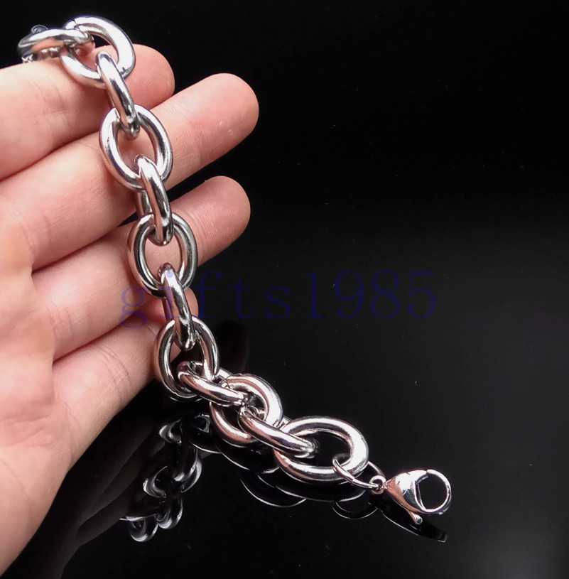 Silver oval Chain SUPER BIG 15mm Stainless Steel Men Bangle Bracelet 17-23cm