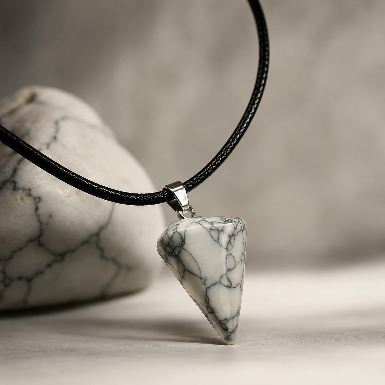 White Howlite Crystal Pendulum Necklace Pendant Black Cord Healing Stone Jewelle