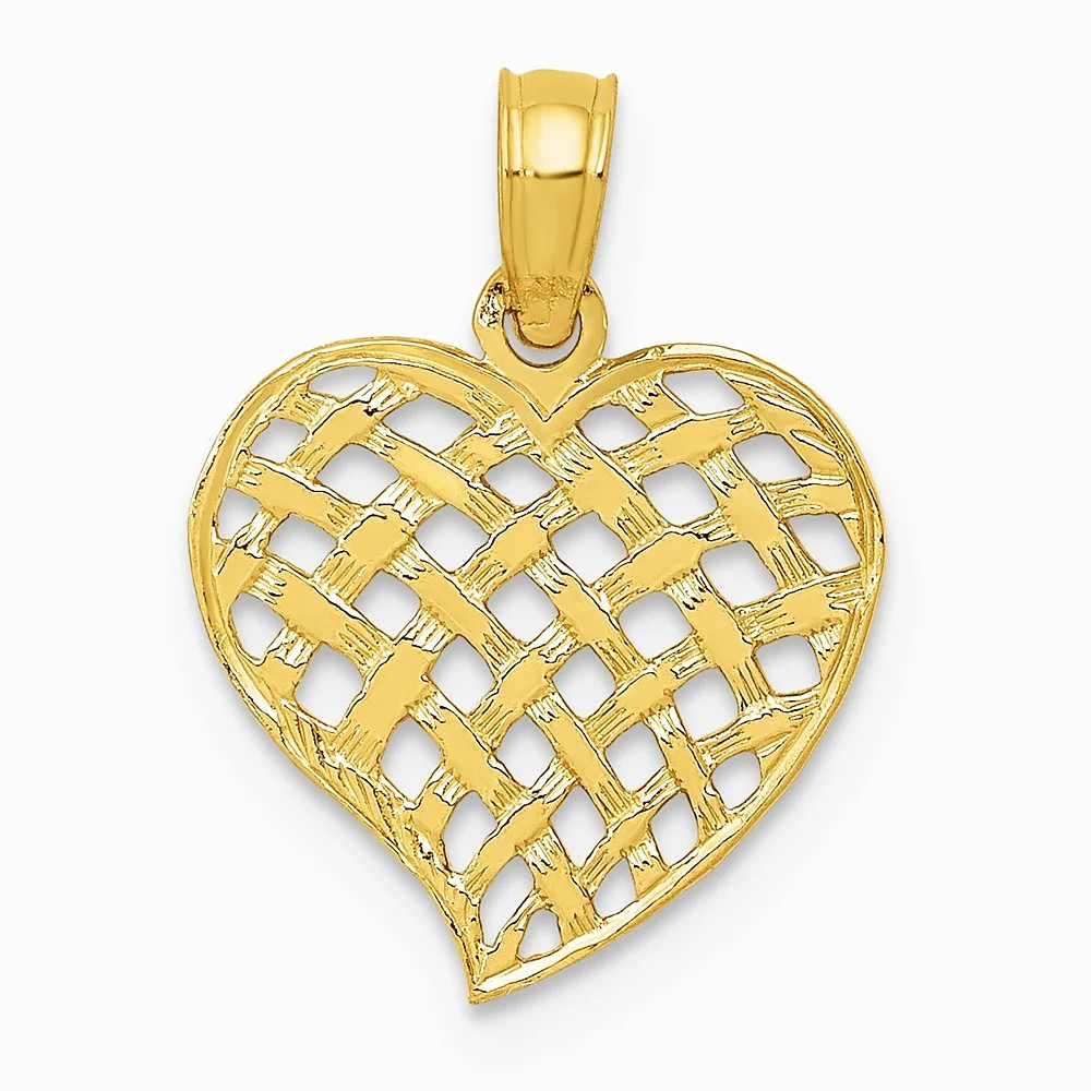 10K / 14K Yellow Gold Polished Basket Weave Pattern Heart Pendant