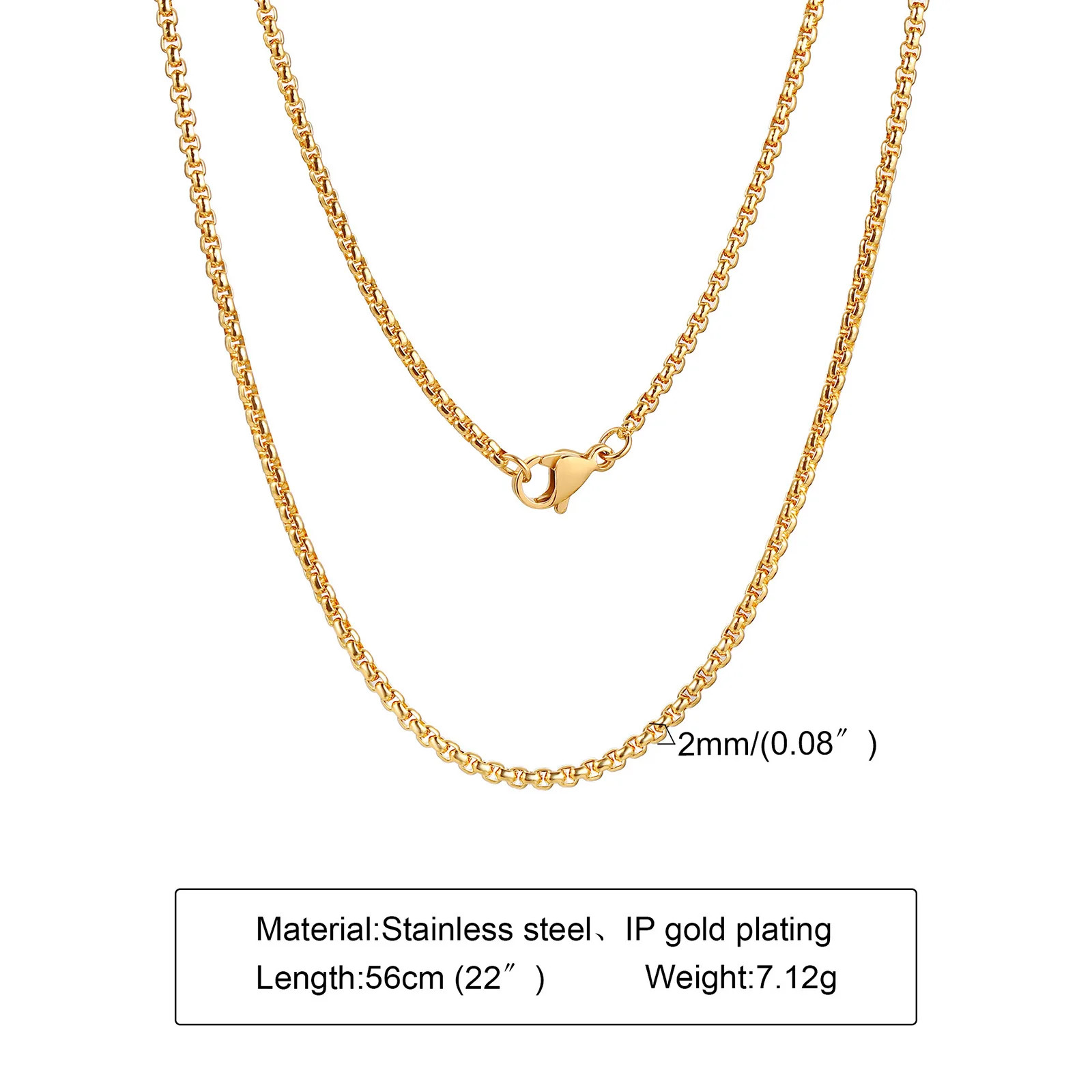 Round Box Chain for Men Boys,Gold Silver Black Plated Stainless Steel Chain Coll