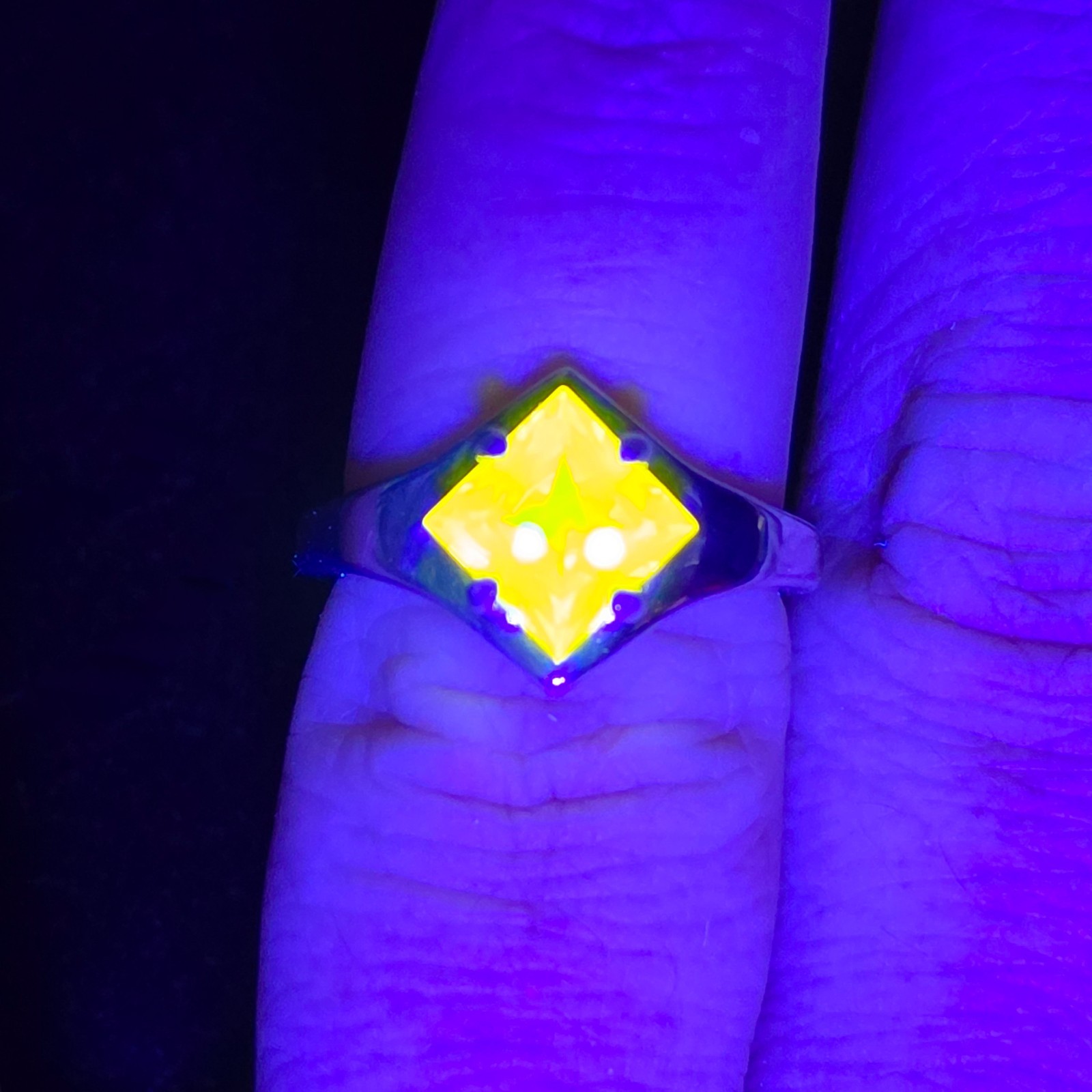 Sterling YAG Ring UV Yellow Yttrium Aluminum Garnet Square Princess Cut Shield