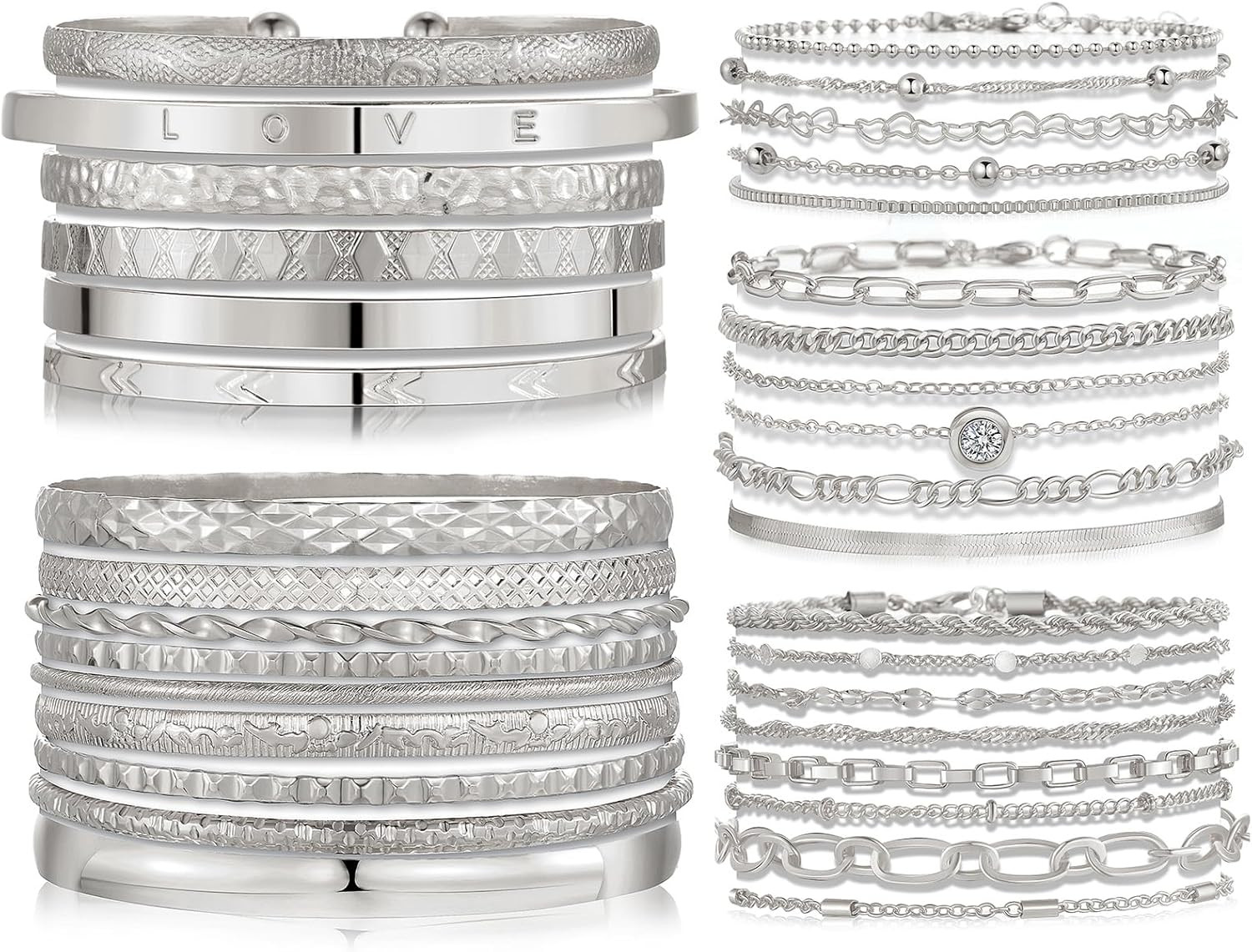 5 PACK (35 PCS) Silver Chain Bangles Bracelets Set for Women, Silver Multiple La
