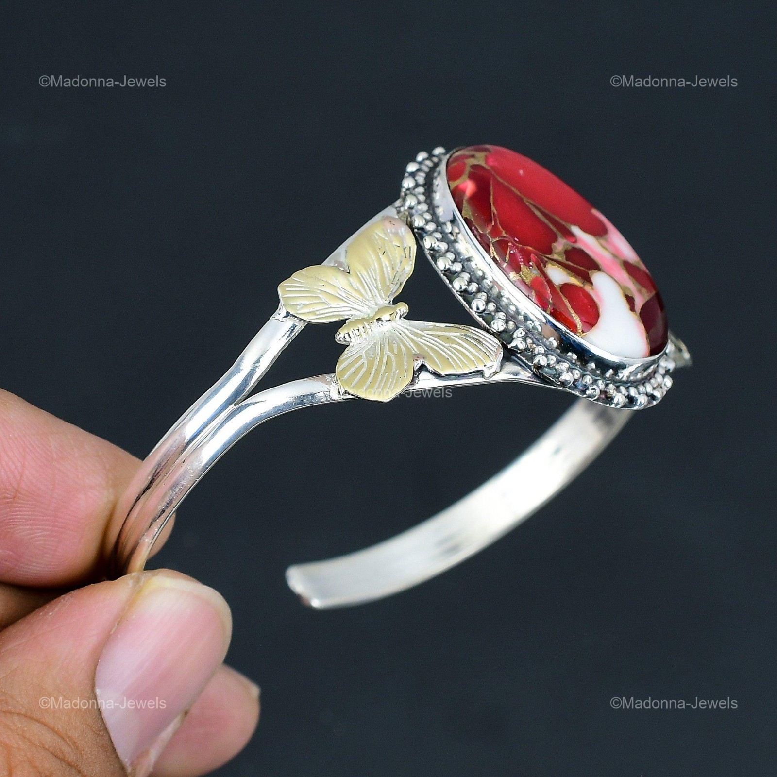 Natural Kingman Red Mohave Copper Turquoise Butterfly Bangle Jewelry 925 Silver