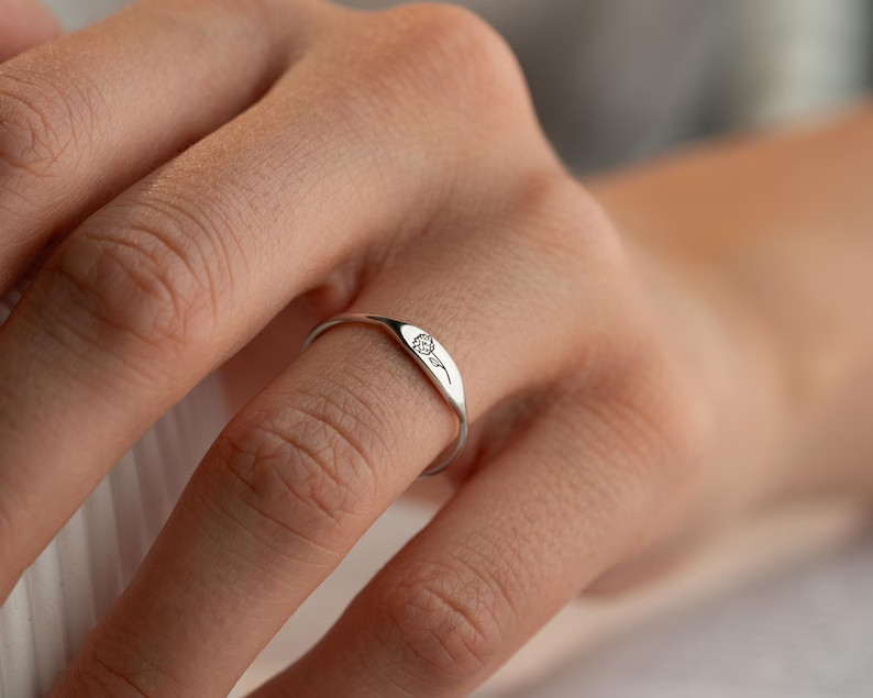 Engraved Birth Flower Minimalist Ring, Stackable Ring 14K Yellow Gold Plated