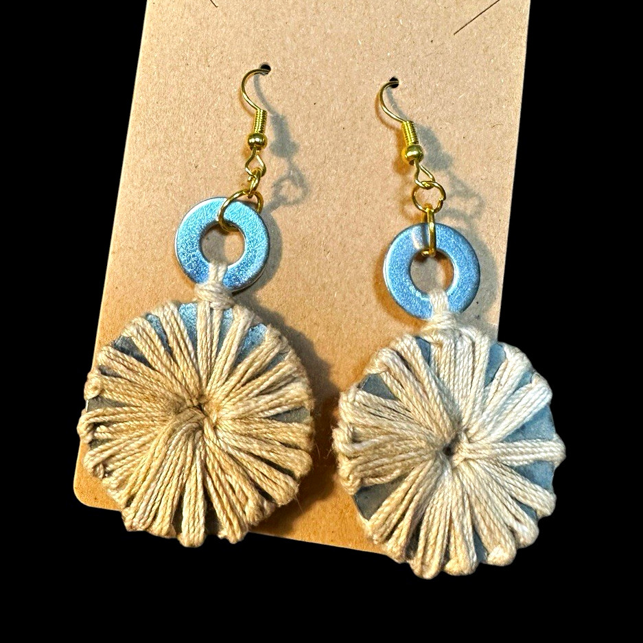 Beige Thread Wrapped washer Dangle Hook Earrings Gold Silver Tone Metal unique