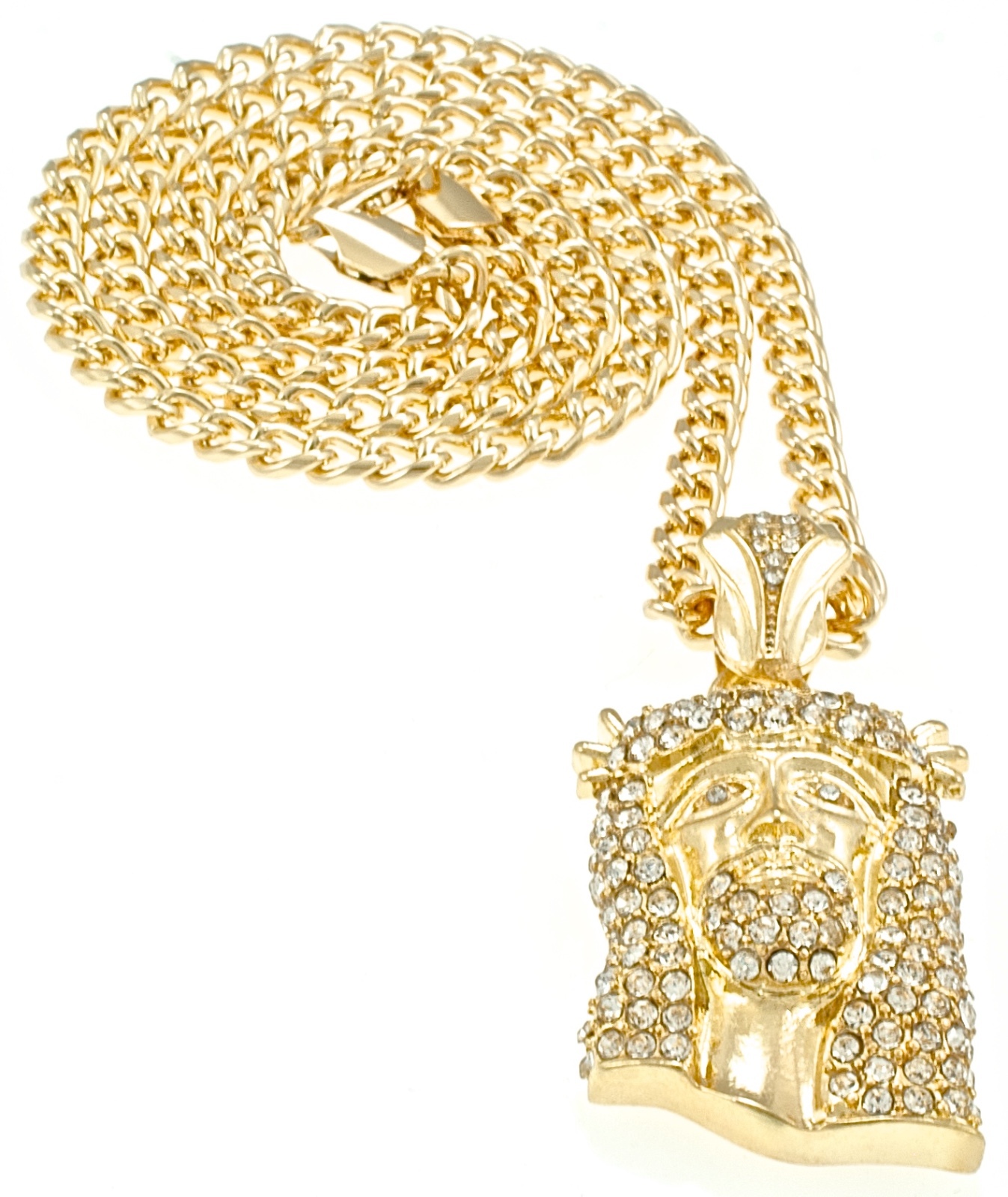 Jesus Necklace Pendant with Rhinestones on 24 Inch Long 4mm Wide Cuban Chain
