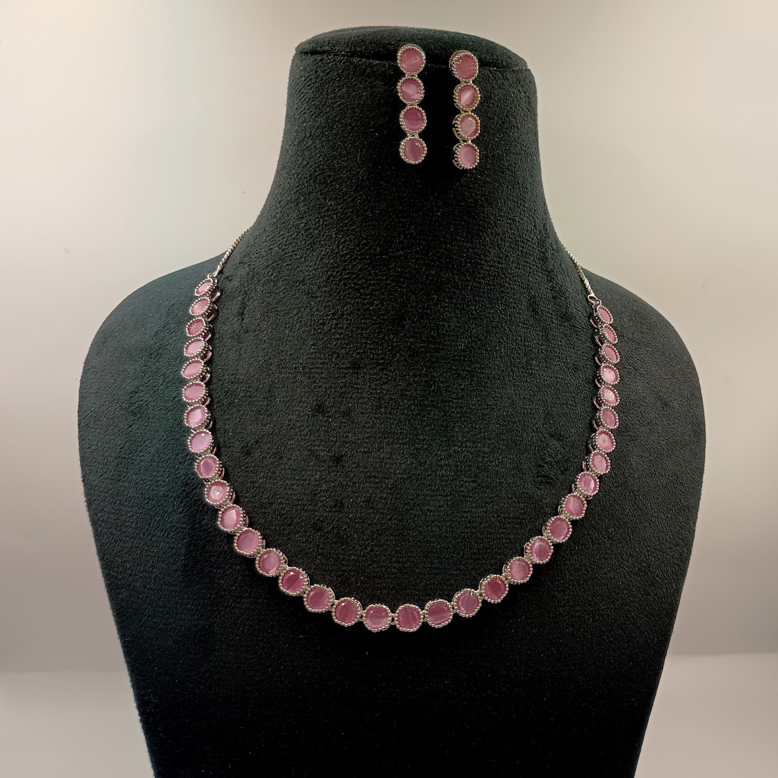 Rose Quartz Round Stone South Indian Necklace Set 22K Gold Plated Ethnic Jewelry