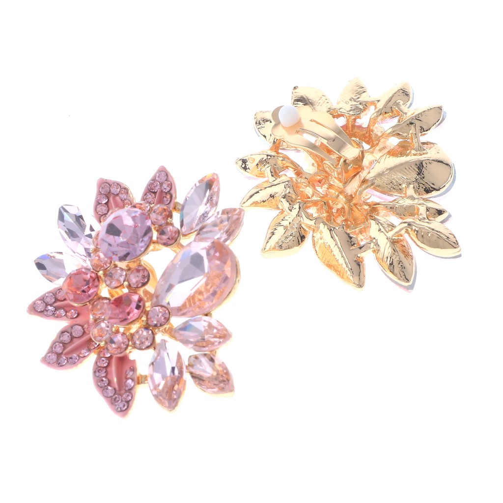 Gold Tone Alloy Metal Crystal Rhinestone Clip-On Earrings ER2665-PNK