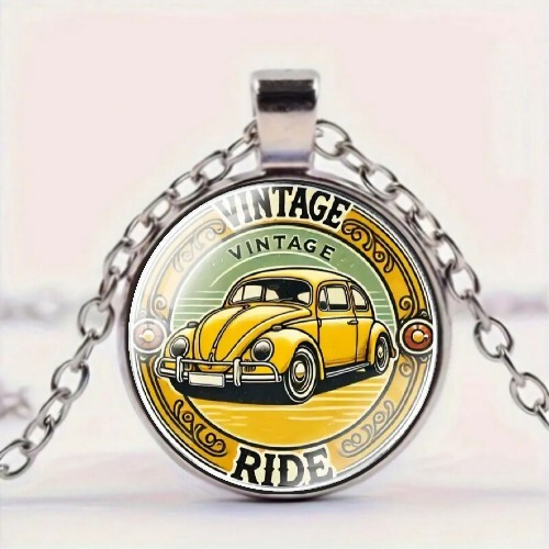 Vintage Stye VW Bug Art Design Round Pendant Necklace Charm