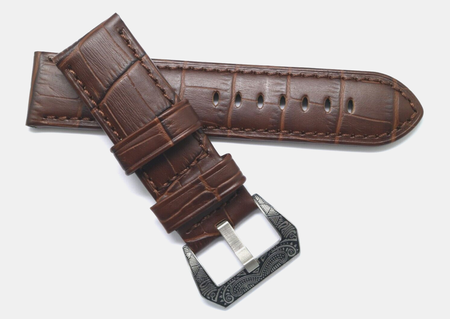24mm Brown Croco Embossed Leather Watch Band Stainless Retro Engraved Buckle