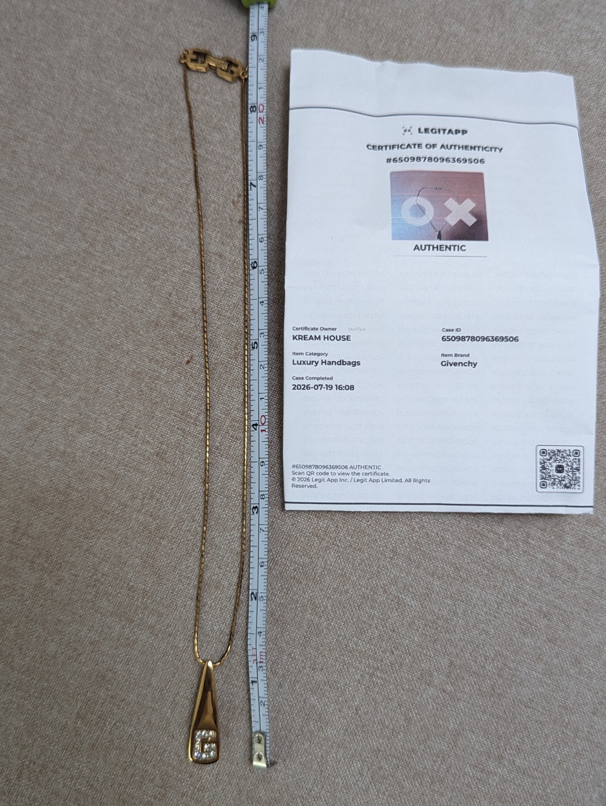 100 % Authentic GIVENCHY Vintage Gold Plated G Crystal Necklace (1982) W/COA