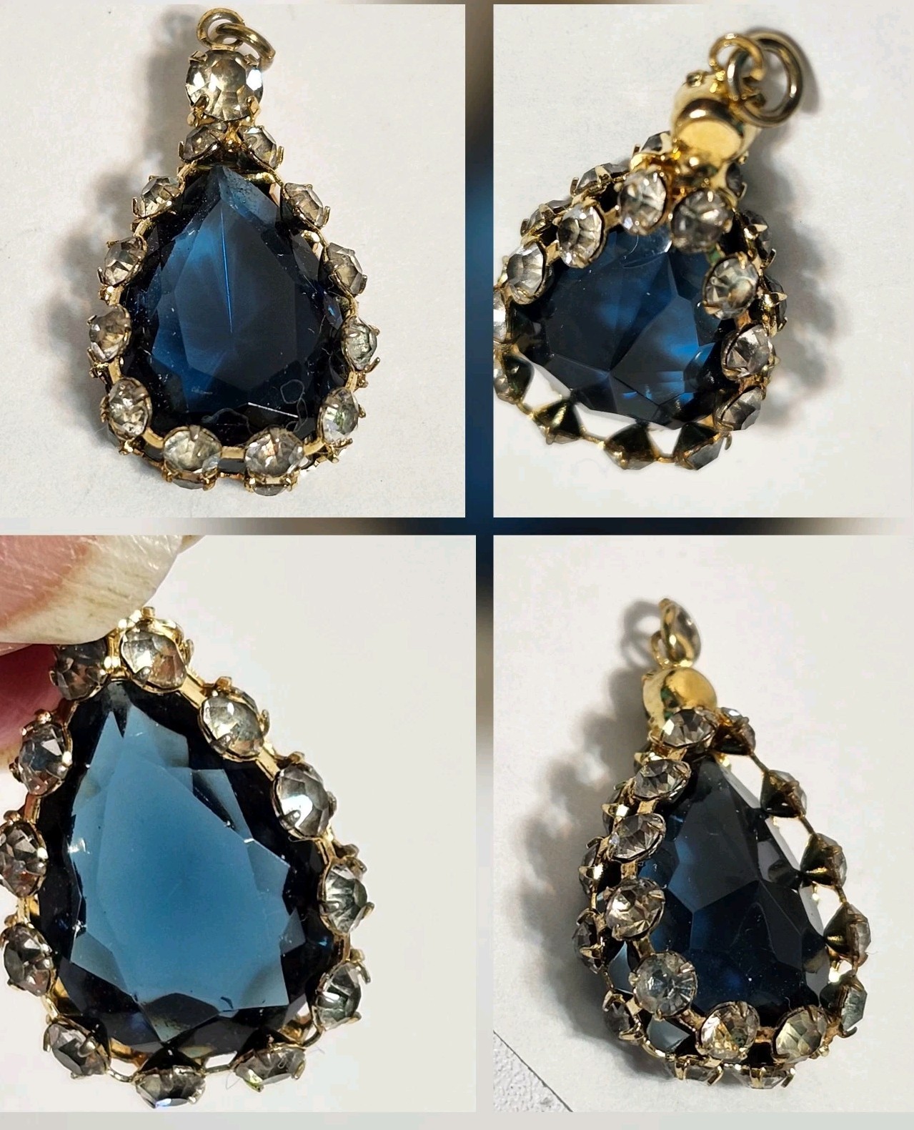 Vintage Faux Costume Gold Tone Blue Sapphire Diamond Teardrop Pendant 1″L x ½”W