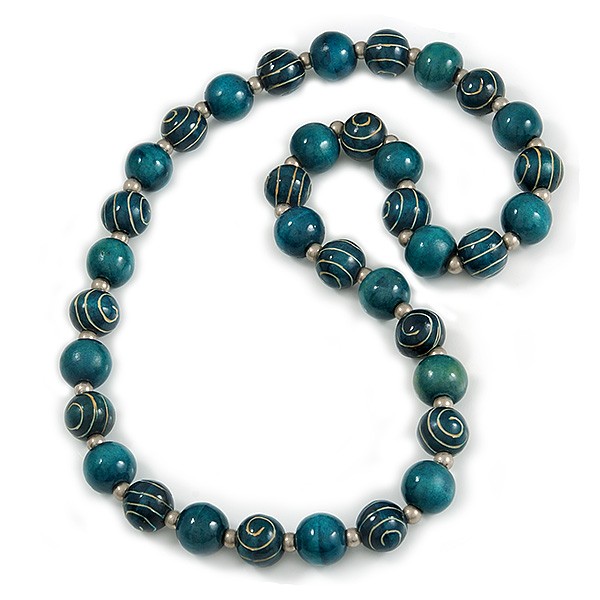 Chunky Round Wooden Bead Long Necklace/ Teal/ 82cm Long