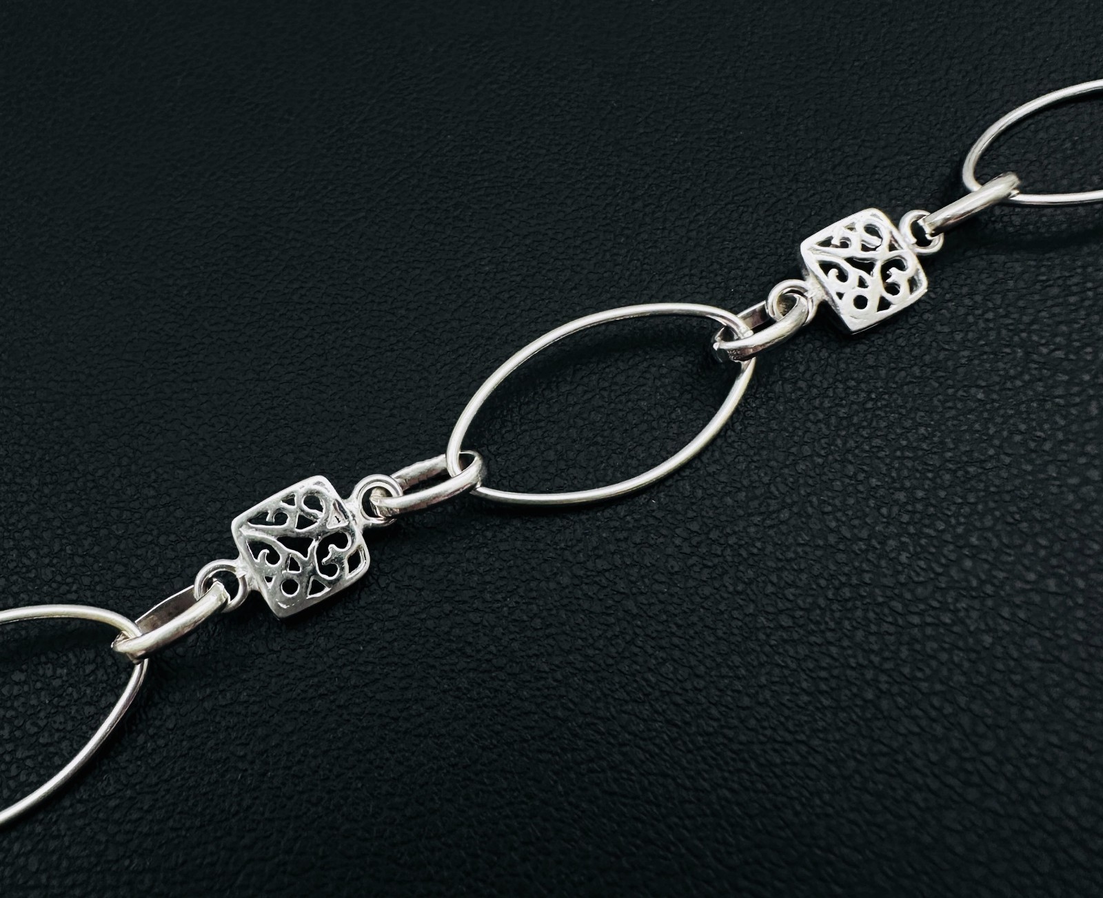 925 Sterling Silver Oval & Square Filigree Links Bracelet 6-10mm, 7 1/4″
