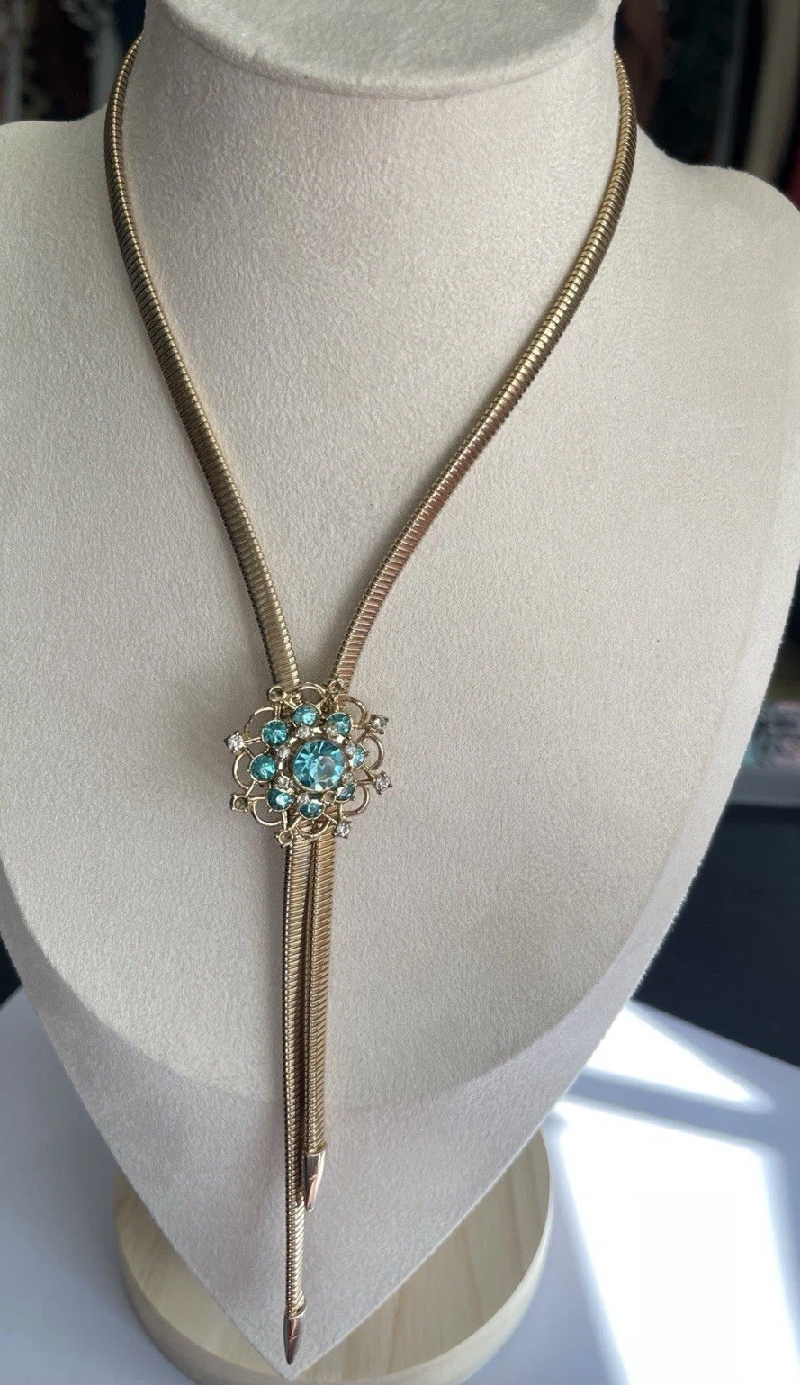 Vintage Coro Slide 1960s-1970s Gold-Tone Necklace W/ Blue Rhinestone Flower Tie
