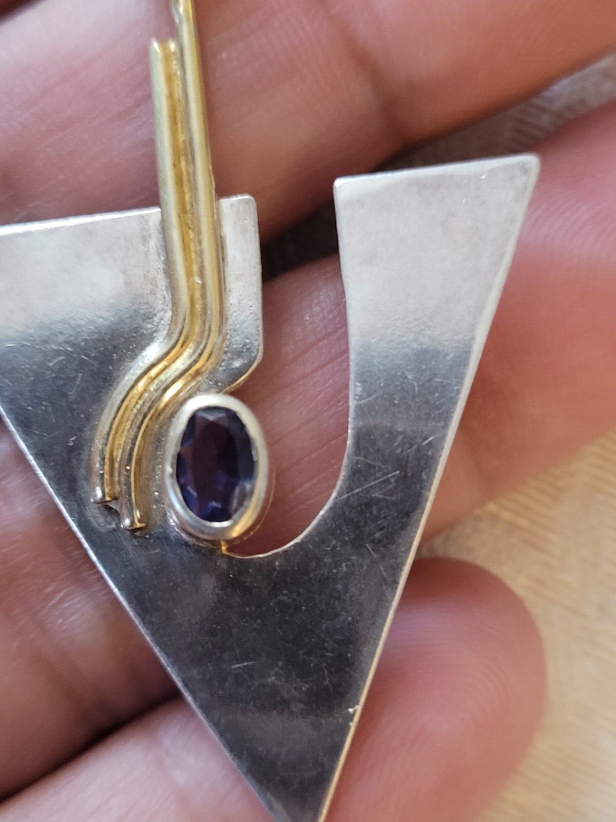 Vintage Signed YES Studio 925 Sterling Silver Amethyst Modernist Arrow? Pendant