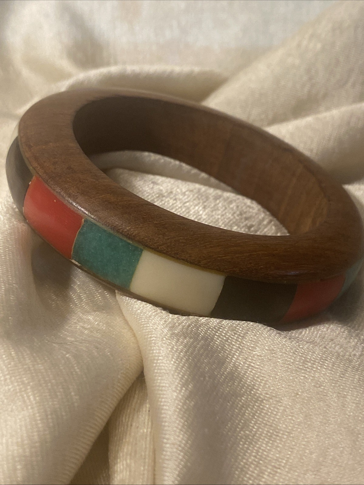 Vintage Wood Bracelet Inlaid Green Yellow Red Black Bohemian inner sz 2.75”
