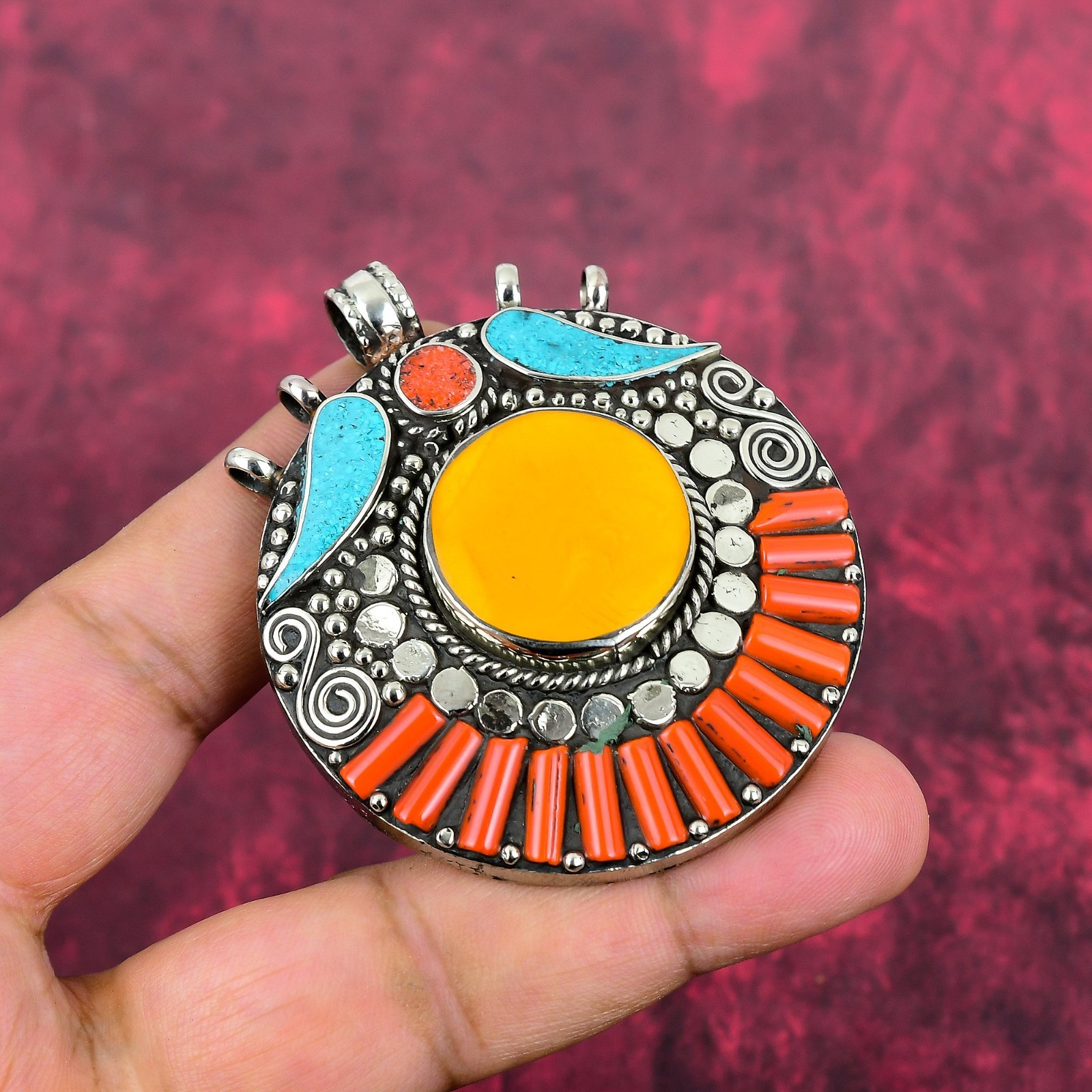 Turquoise, Coral Gemstone Handmade 925 Sterling Silver Nepali Pendant Jewelry