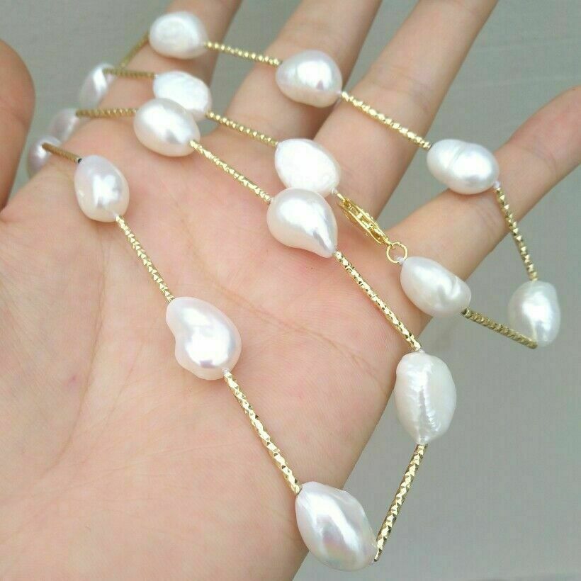 Nice 10-12mm AAA+ South Sea Baroque White Pearl Necklace 24″ 14k Yellow Gold