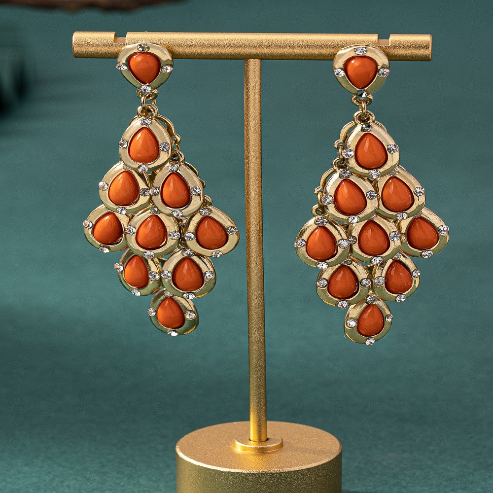 Orange Teardrop Stone Tassel Long Drop Dangle Earrings Gold Rhinestone Inlaid