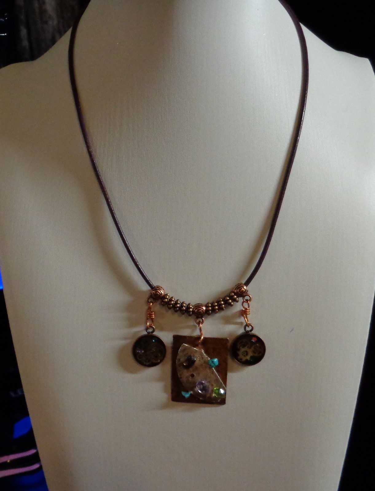 Artisan crafted,eclectic,18” necklace. Central handcrafted copper collage pendan