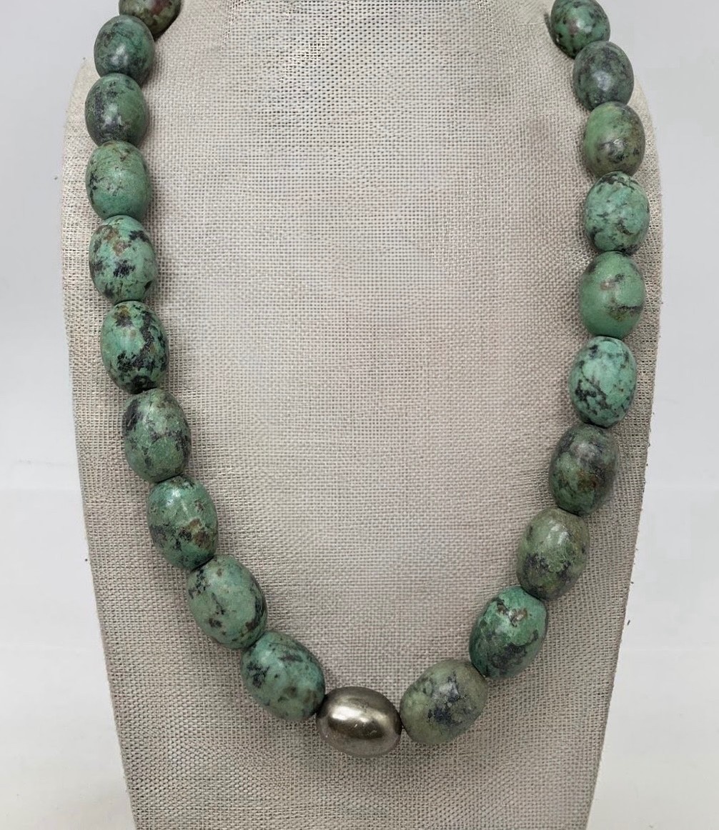 Gorgeous Blue Green Hubei ? Turquoise w/ Solid SS 925 Accent Bead 21” Necklace