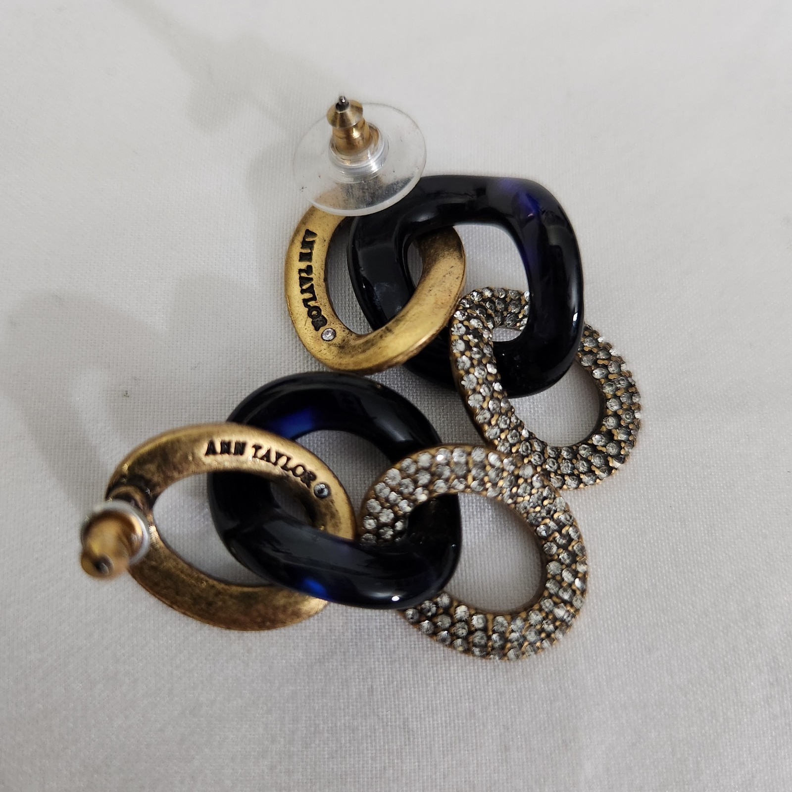 Ann Taylor Gold Tone Navy Link Rhinestone Interlocking Dangle Earrings Signed