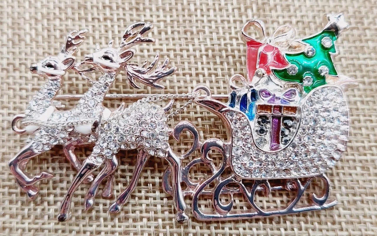 Napier Christmas Sleigh Brooch Reindeer Rhinestone Pin