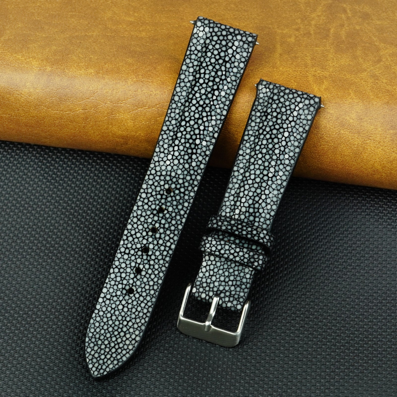 22mm Black Stingray Leather Watch Band Men Genuine Watch Strap Silver Buckle
