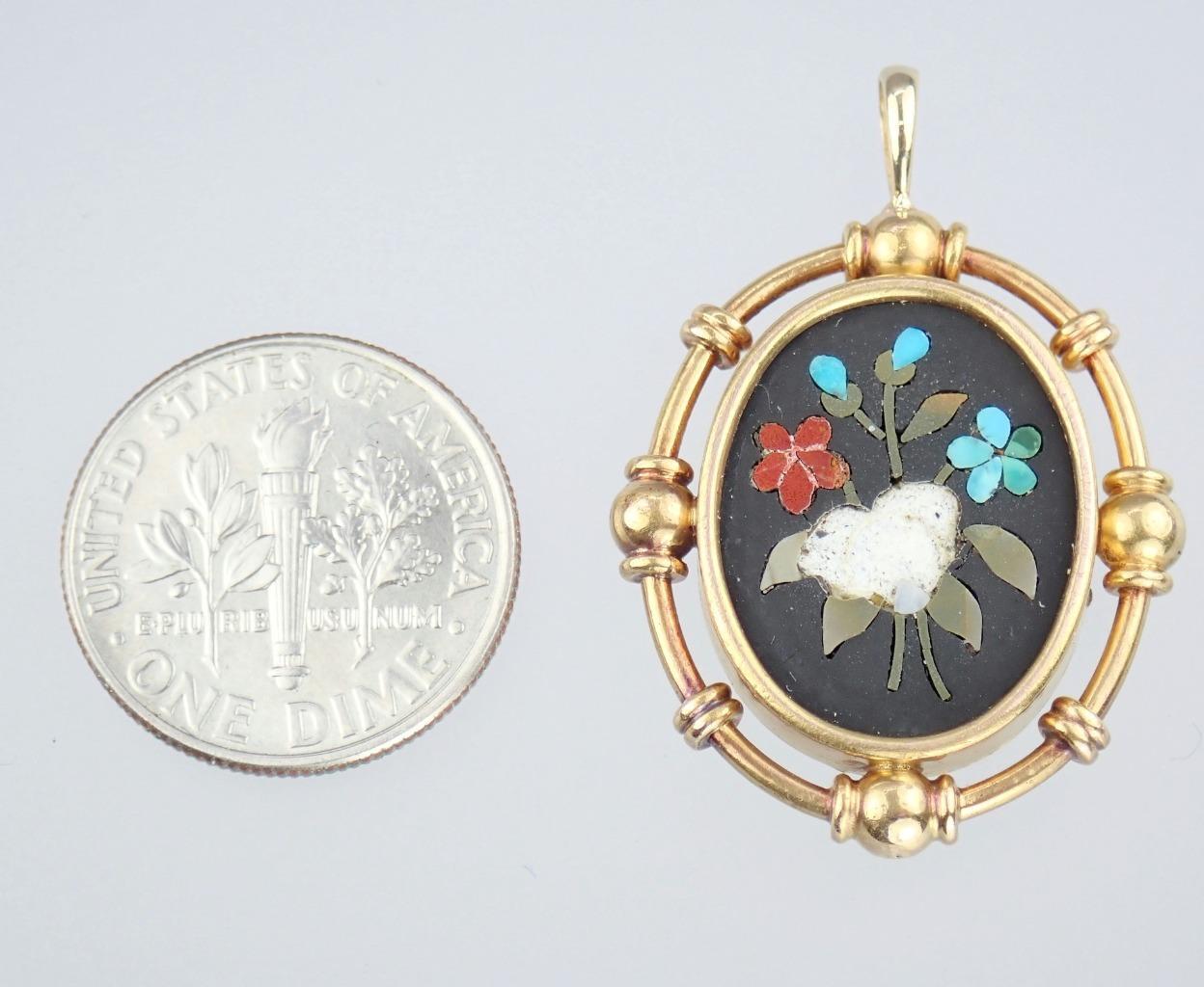 Fine Antique VICTORIAN Solid 18k Gold PIETRA DURA Mosaic Floral MOURNING PENDANT