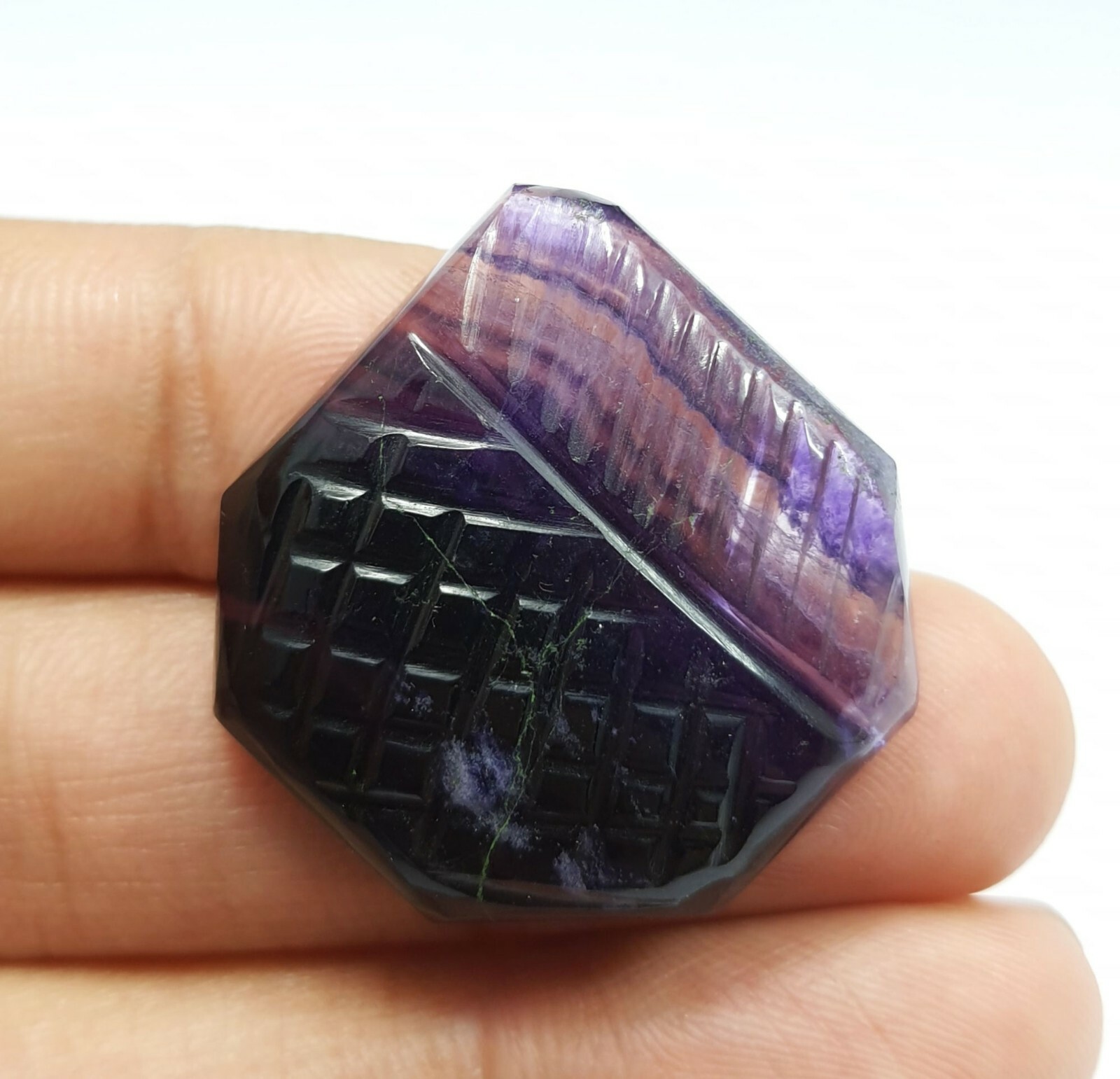 58.85Ct Natural Outstanding Bi Color Purple Fluorite Fancy Carved Loose Gemstone