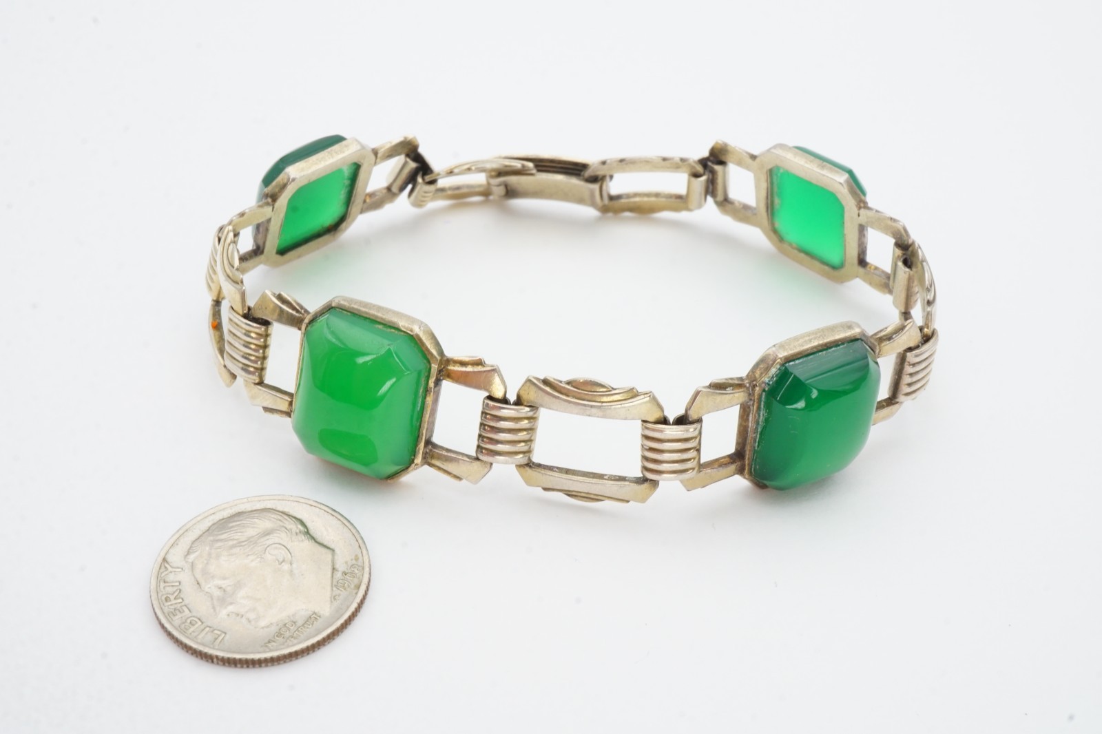 Vintage Sterling Silver 925 Chrysoprase Bracelet 7.25″ Art Deco