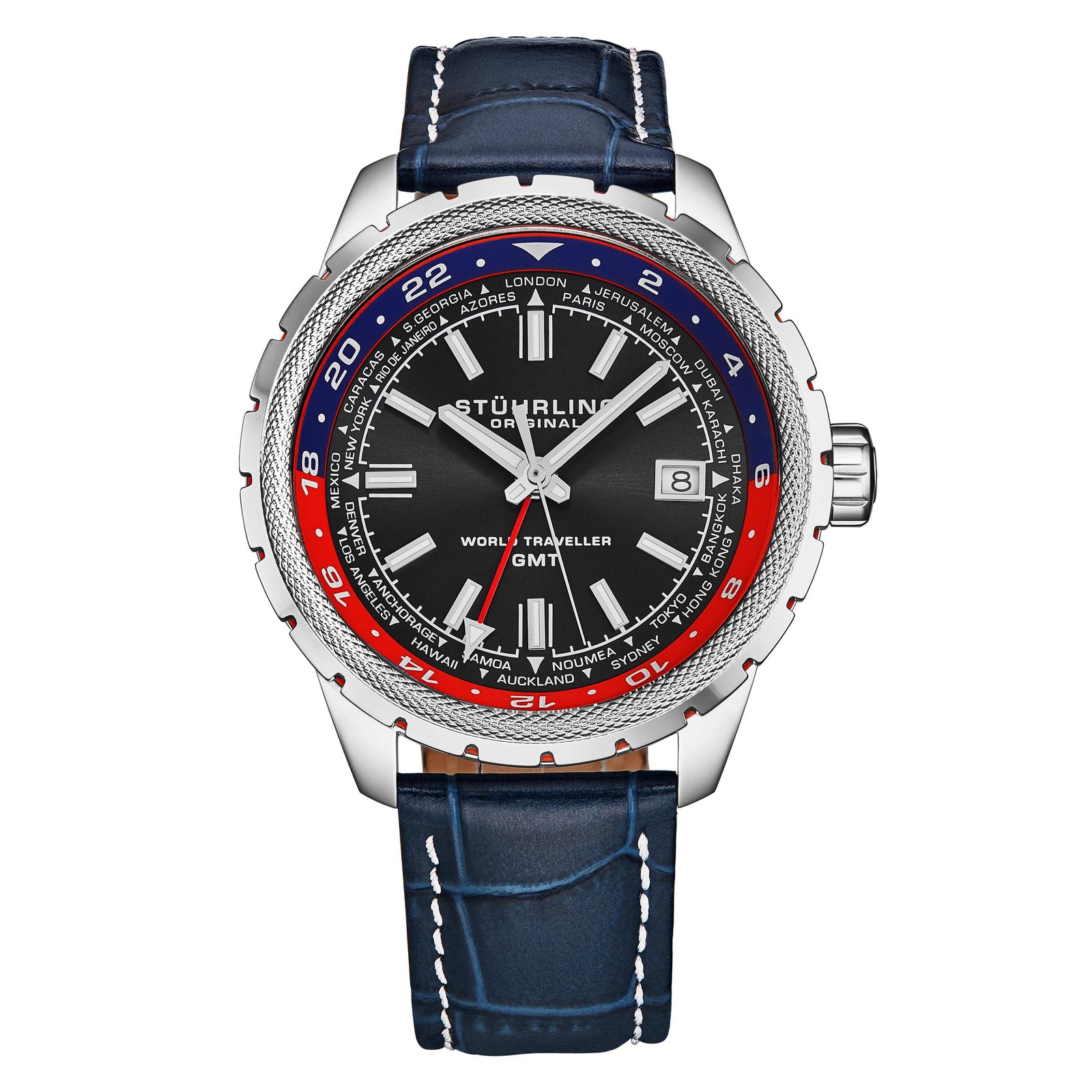 Global Voyager GMT 42mm World Timer Watch Blue/Leather | Black Dial Wristwatch 1
