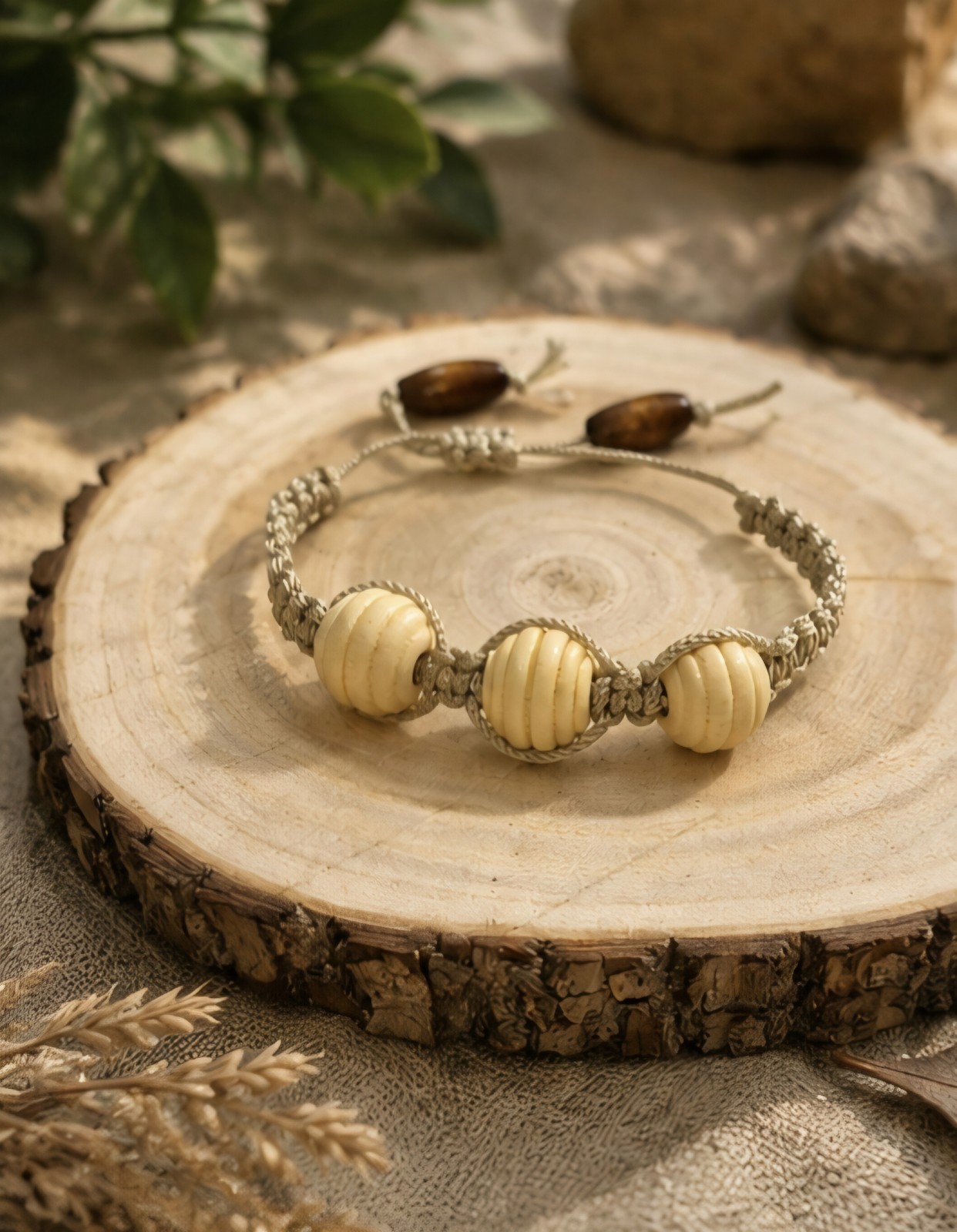 Handmade Boho Macrame Bracelet anklet Adjustable Natural Wood Beaded Unisex