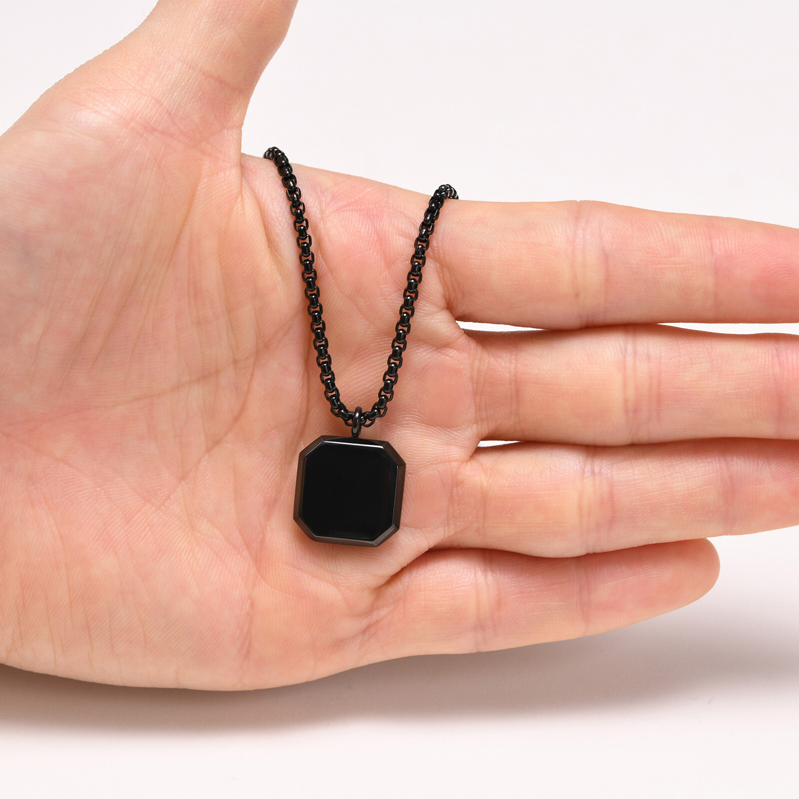 White Shell Black Enamel Square Pendant Necklace Stainless Steel with 60cm Chain