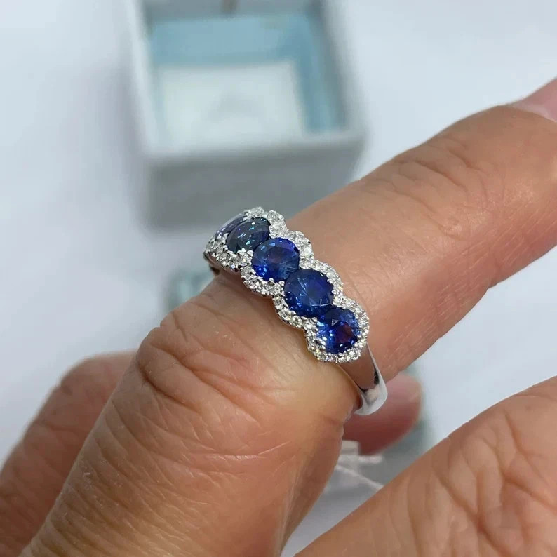3.50 Ct Round Natural Sapphire Diamond Anniversary Ring 14K Solid White Gold 6