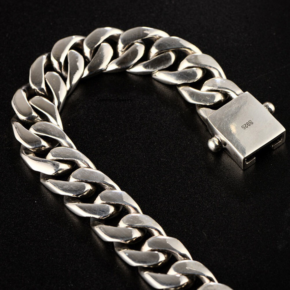 Real S925 Sterling Silver Chain Men 12mm Curb Cuban Link Bracelet 7.9-8.3inch