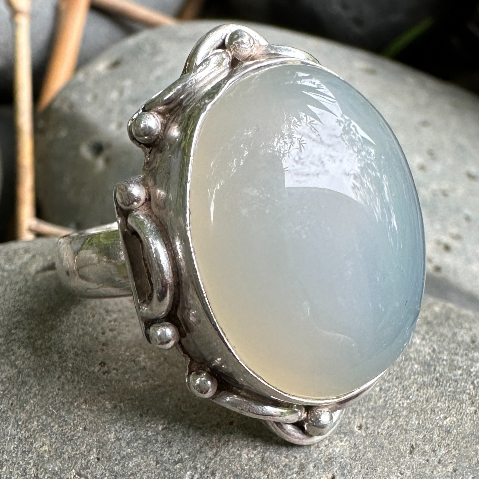 Oval Moonstone Bezel Ring in Sterling Silver SZ 5.5 w Applied Frame Design, 10g