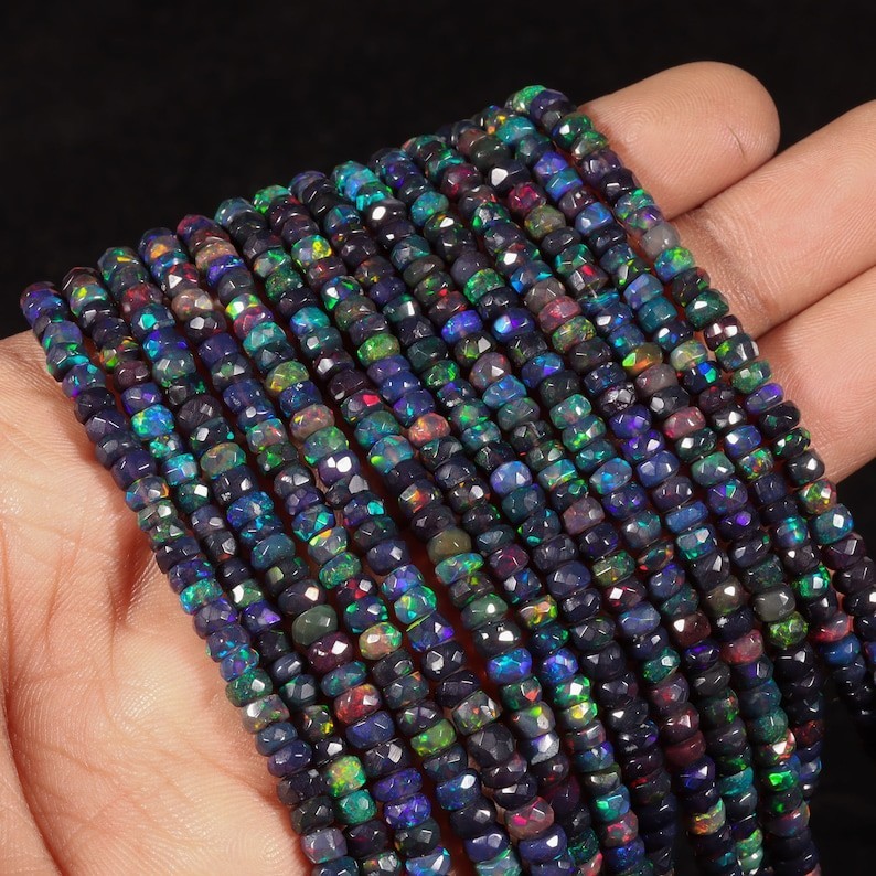 Faceted Ethiopian Black Opal Rondelle Beads (3.5-5.5mm)